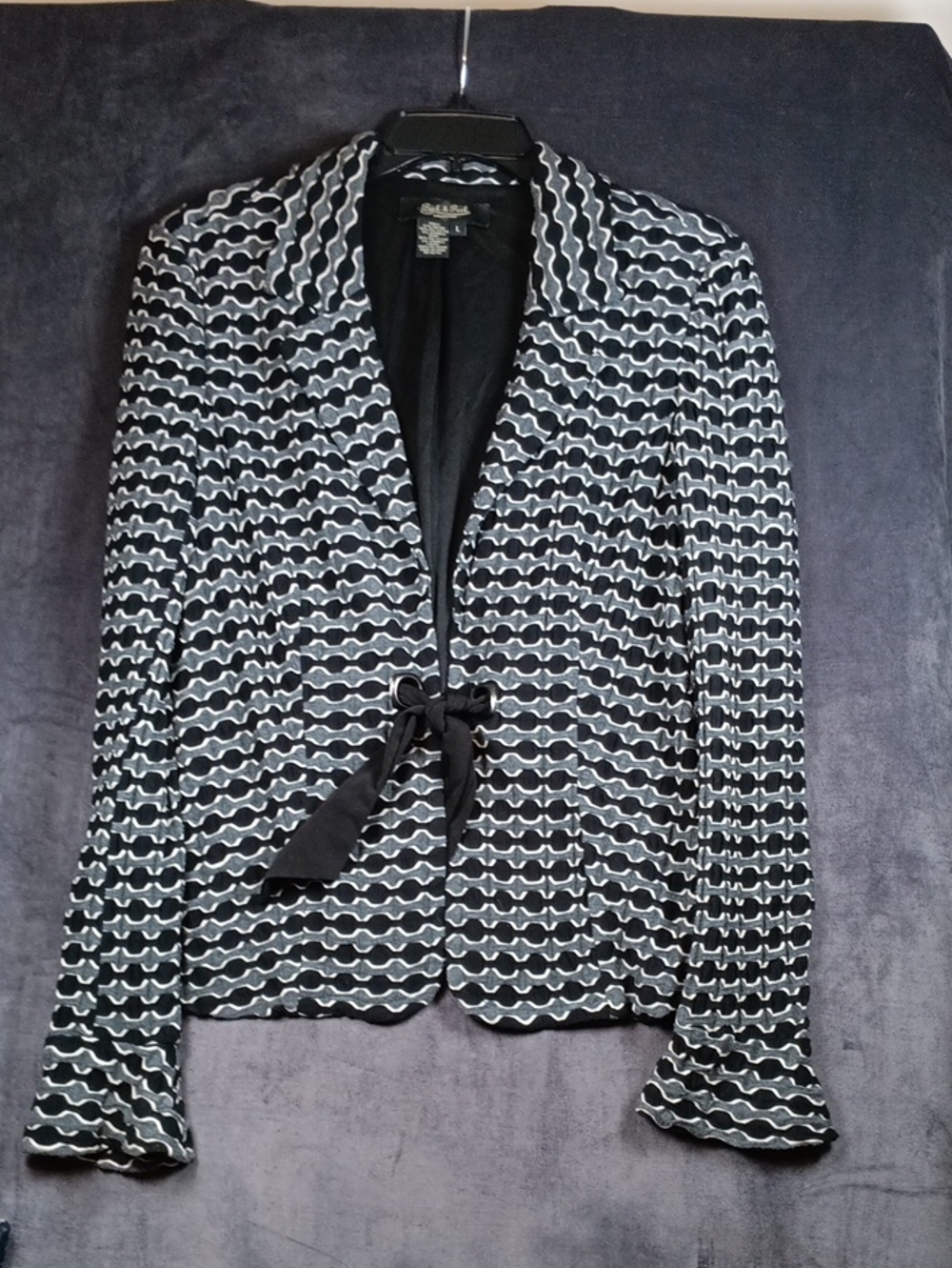 Peck & Peck Black & White Tie-Waist Wave Pattern Blazer